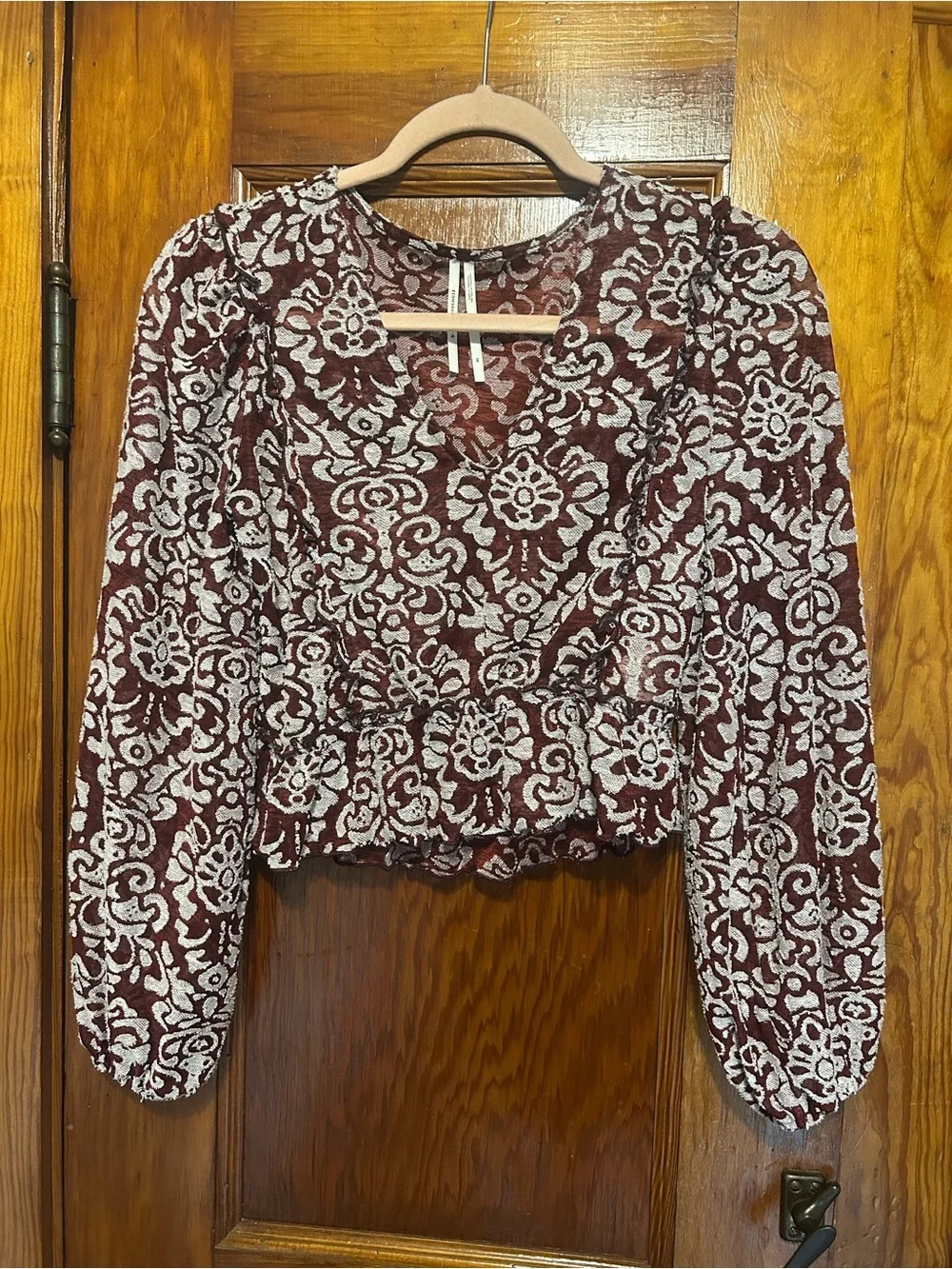 Anthropologie Burgundy Floral Lace Peplum Long Sleeve Top